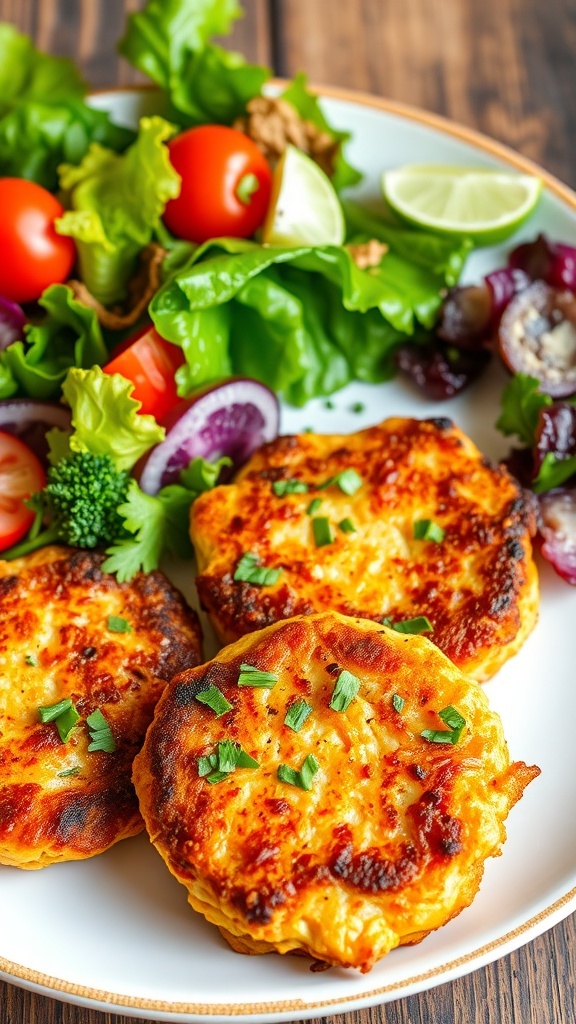 Low-Carb Salmon Patties Recipe Golden-brown salmon patties on a plate with fresh herbs and a colorful salad.